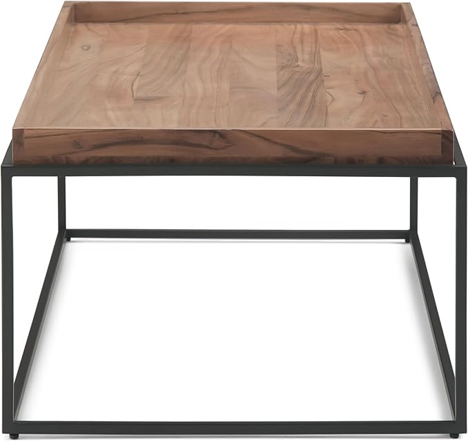 SIMPLIHOME Carter Coffee Table - 47 inch Wide Solid Acacia Wood Industrial Tray Top Cocktail Table in Natural Acacia, Stylish Living Room Table with Fixed Tray Shelf and Metal Base