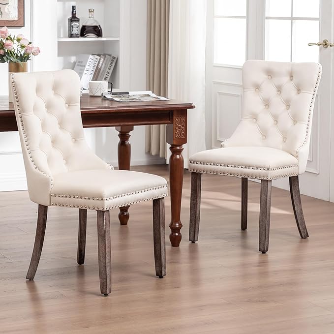 Velvet Dining Chairs Set of 6, Upholstered Dining Room Chairs with Nailhead Ring Pull Trim, Button Tufted Wing Back Chairs for Dining with Solid Wood Legs for Kitchen Dining Room(Beige)
