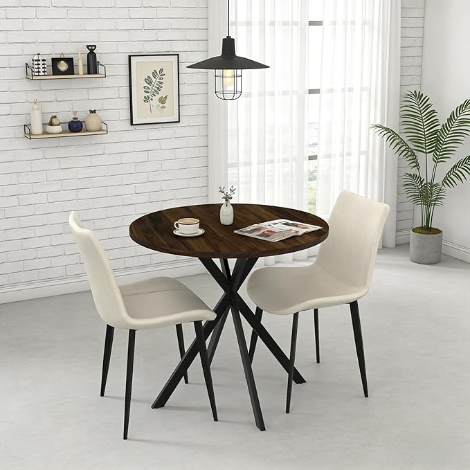 31.5" Round Dining Table and Chairs Set for 2, Small Dining Table Chairs Set Space-Saving, Small Dinette Sets for 2 for Kitchen Dining Room Apartment(Walnut Table + Beige Chairs)