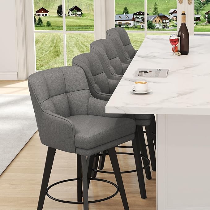 360°Swivel Counter Height Bar Stools with Back, 26 inch Solid Wood Legs, Bar Stool Modern Kitchen Island Chairs, Fabric (Mid-Grey- Fabric, 26" H- Set of 4)