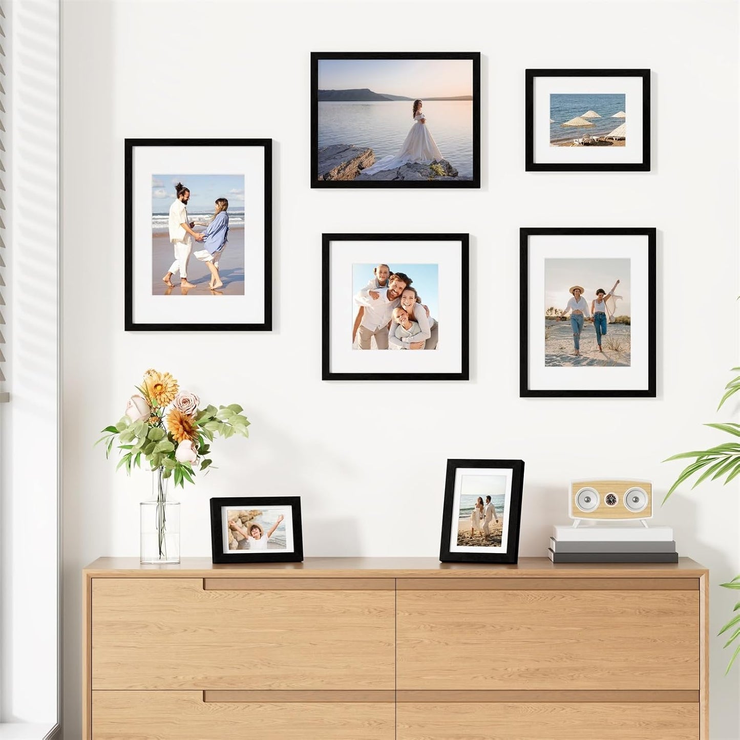 Vittanly 11x14 Picture Frames Set of 9, Shatter Resistant Plexiglass, Display 8x10 Pictures with Mat or 11x14 without Mat, Photo Frames for Wall or Tabletop, Engineered Wood, Black