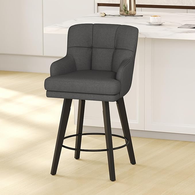 360°Swivel Counter Height Bar Stools with Back, 26 inch Solid Wood Legs, Bar Stool Modern Kitchen Island Chairs, Fabric (Black Grey- Fabric, 26" H- Set of 1)