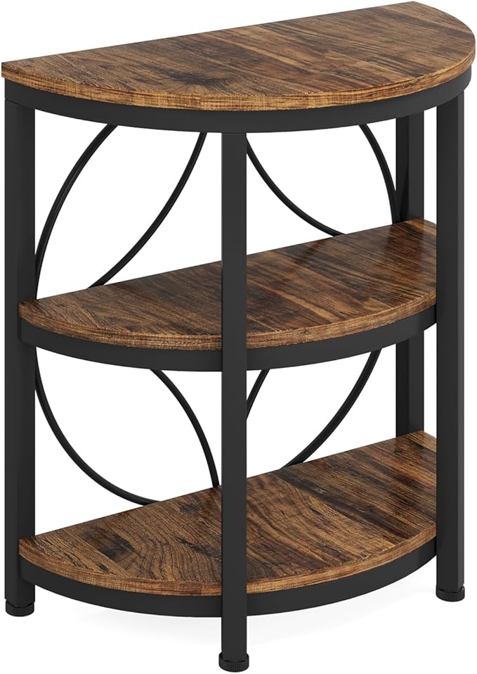 Tribesigns Half Round End Table for Living Room Set of 2, 3-Tier Half Side Table with Metal Frame, Industrial Half Moon Table, Half Circle Accent Table for Entryway, Bedroom, Rustic Brown