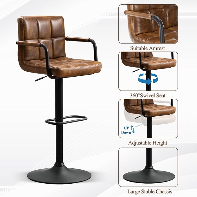 Furniliving Bar Stools Set of 2 with Back, Modern Square PU Leather Kitchen Stools with Armrest, Adjustable Counter Height Barstools for Kitchen Bar Pub Cafe (Yellowbrown)