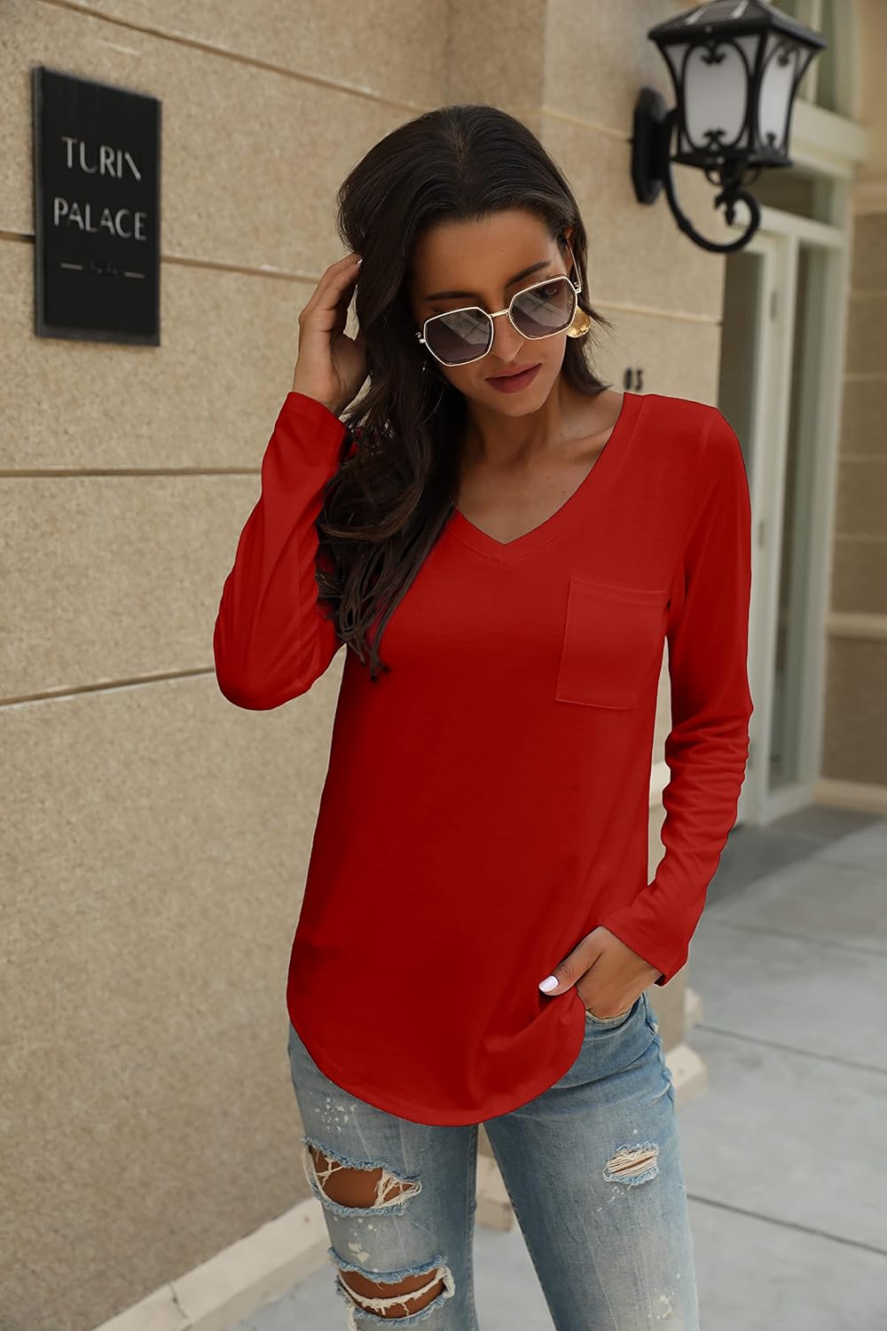 Tobrief Women's Long Sleeve V-Neck Shirts Fall Graphic Tees Loose Casual T-Shirt