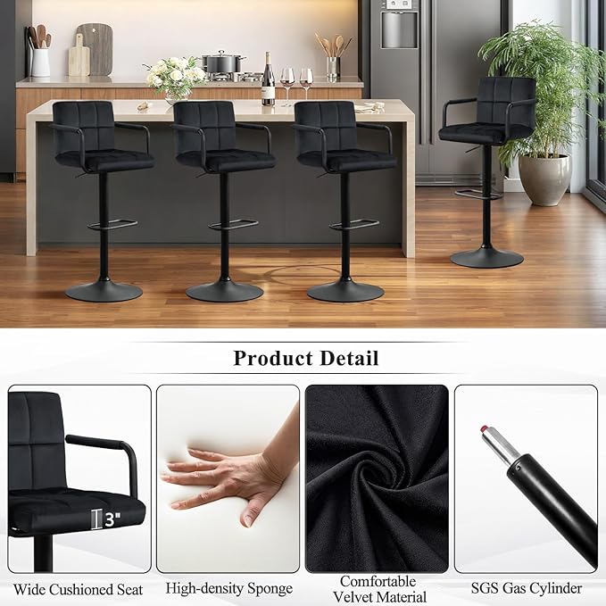 Furniliving Adjustable Barstools with Back, Black bar stools Set of 2, Velvet 360°Swivel Bar Stools, Double Stitching Counter Stools for Kitchen, Bar (Black)