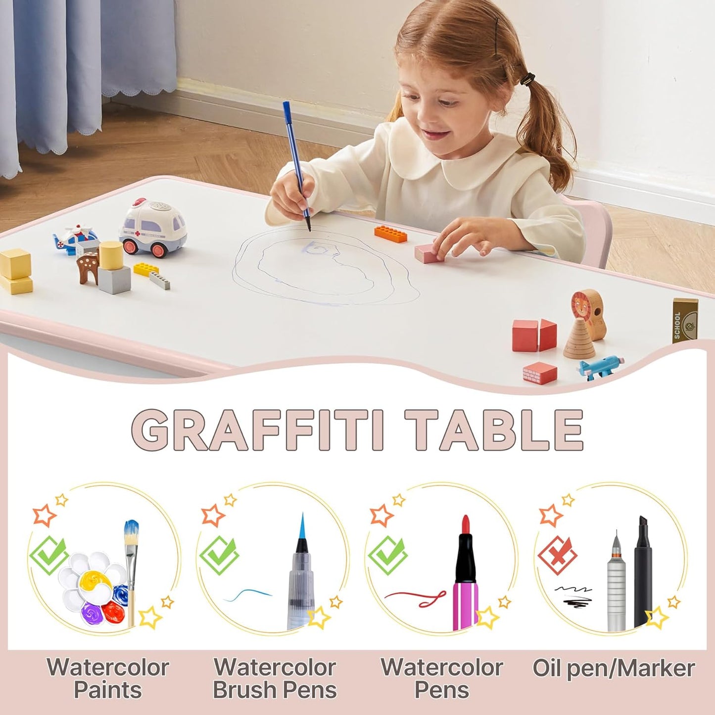 Kids Study Table and Chairs Set, Height Adjustable Toddler Table and Chair Set for Kids Ages 3-8, Graffiti Desktop Plastic Children Art Table with 4 Seats, Lovely Pink