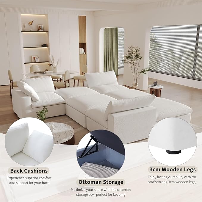 Cloud Couch Modular Sectional Sofa with Storage Ottoman,L Shaped Couch for Living Room,80.3" inch Down Filled 3 Seater Convertible Sectional Sofas for Office Apartment,White