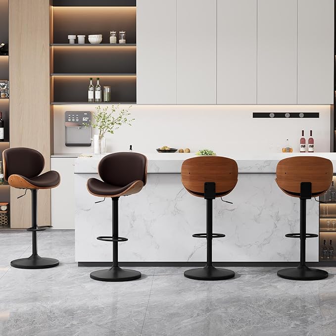 Furniliving Bar Stools Set of 4, Adjustable Height Swivel Bentwood Barstools, Upholstered Bar Chairs with Footrest, Ergonomic Modern Bar Stools for Dining Room, Kitchen, Bar, Brown, PU