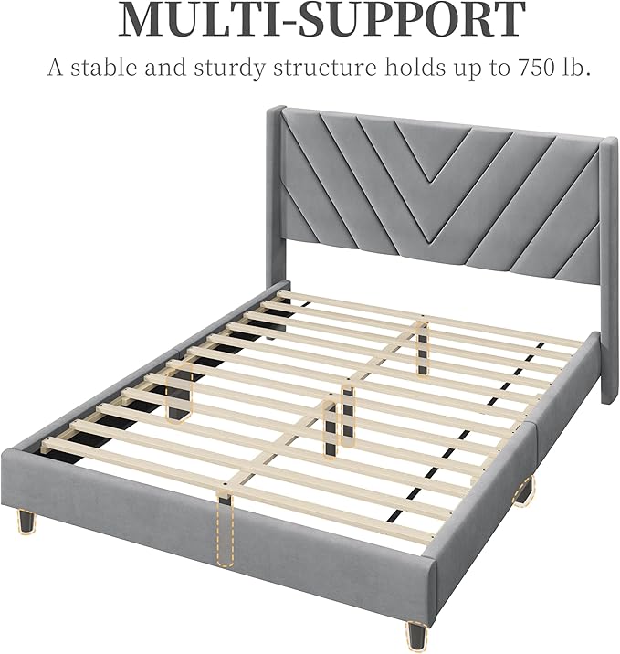 Yaheetech Full Bed Frame Upholstered Platform Bed with Wing Side Tufted Headboard/Sturdy Wooden Slat Support/No Box Spring Needed/Mattress Foundation,Light Gray Full Bed