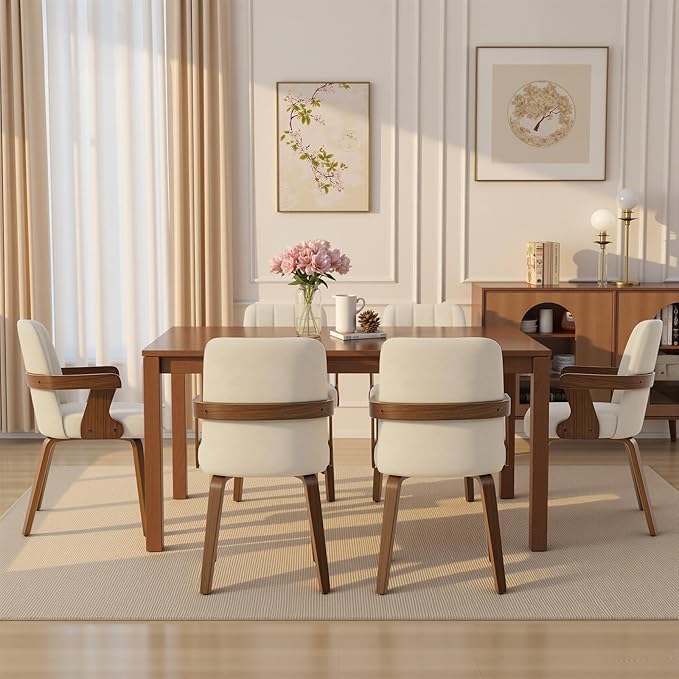Kitchen Dining Chairs Set of 4, Faux Leather Upholstered Dining Room Chairs with Wood Arms and Legs, Mid Century Modern Kitchen Side Chair for Living, Bedroom, Restaurant, Walnut/Beige
