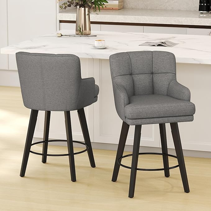 360°Swivel Counter Height Bar Stools with Back, 26 inch Solid Wood Legs, Bar Stool Modern Kitchen Island Chairs, Fabric (Mid-Grey- Fabric, 26" H- Set of 1)