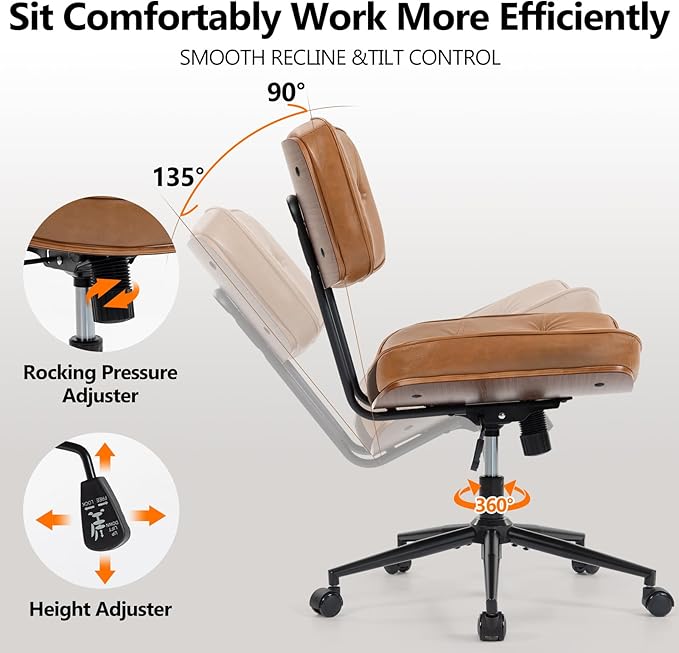 Armless Computer Chair, Small Desk Chair with Wheels and Adjustable Height, PU Leather Modern Swivel Walnut Task Chair for Home Office, Study, Library,Brown