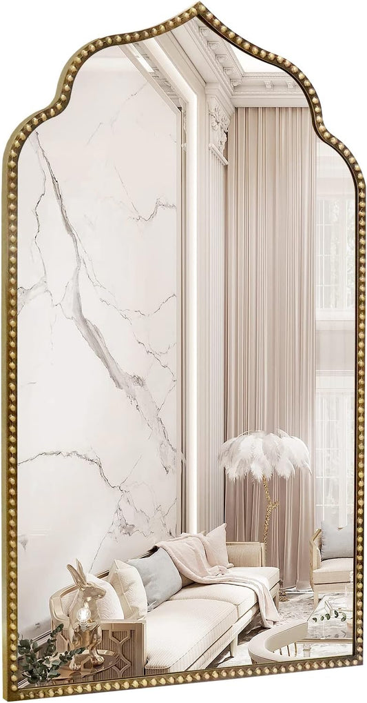 Arch Wall Mirror, 22" W x 38" H Metal Marlowe Beaded Frame Accent Mirror, Large Modern Vintage Gold