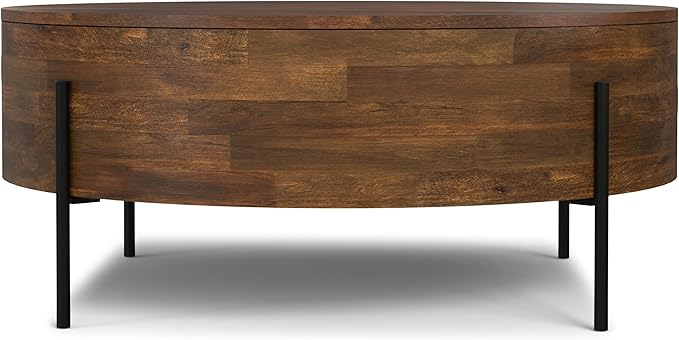 SIMPLIHOME Rayburn Drum Coffee Table - 38 inch Wide Solid Mango Wood Round Living Room Table in Walnut Brown, Modern Urban Center Table for Family Room with Black Metal Legs and Large Surface