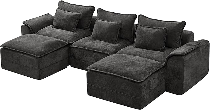 Hobestluk 120" Cloud Modular Sectional Couch 3-Seater Sofa with Ottomans U Shaped Couch Deep Seat Sofa with Removable Cover Large Sofa for Living Room (Dark Grey, 3-Seater Sofa with Two Ottomans)