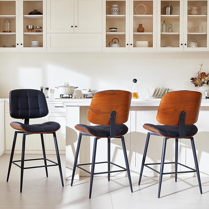 Mid Century Modern Bar Stools Set of 3 for Kitchen Island,Upholstered Black Faux Leather Counter Height stools,26 Inch Counter stools with Walnut Grain Back