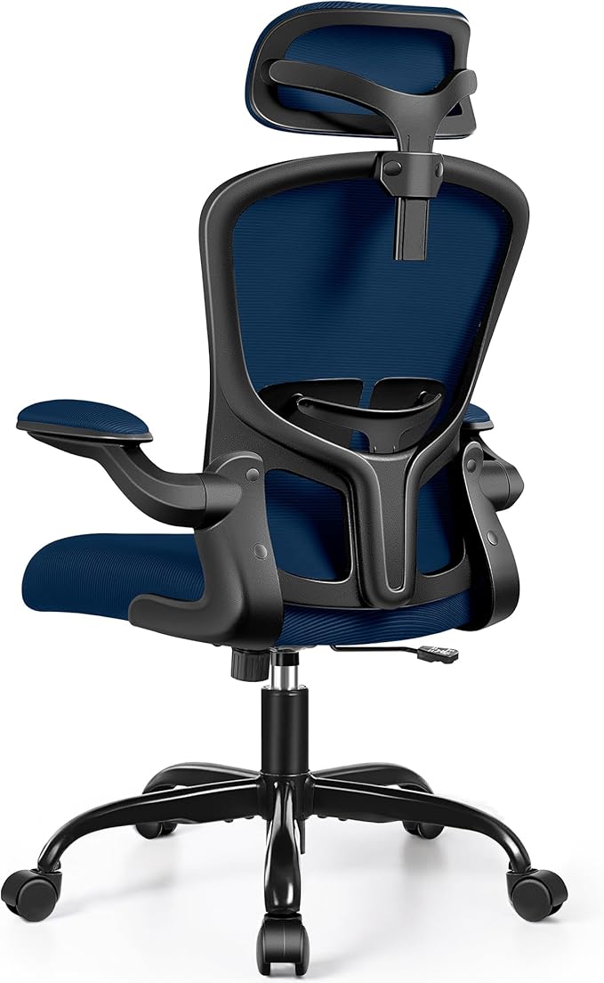FelixKing Ergonomic Office Desk Chair with Headrest, Wheels, Adjustable Lumbar Support and Height, Swivel Comfy Task Chair with Flip-up Armrests, Ergo Mesh Backrest for Working (Navy)