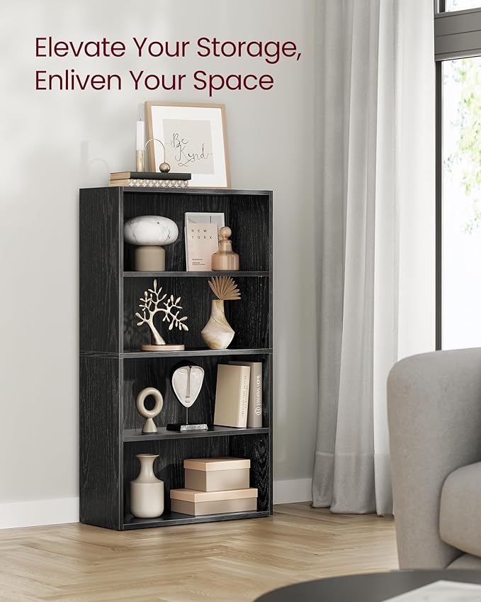 VASAGLE Custos Collection - Bookshelf, 4-Tier Bookcase, Book Shelf, Open Storage Shelf, 9.4 x 23.6 x 42.4 Inches, for Living Room, Home Office, Dinning Room, Ebony Black ULBC164T56