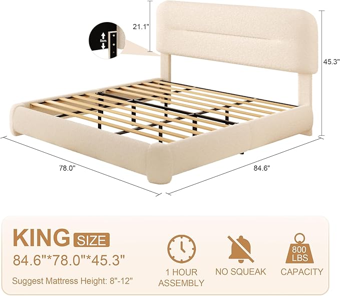 King Size Cloud Bed Frame, Upholstered Boucle Platform Bed with Adjustable Headboard, Anti-Collision Soft Rounded Corners, Noise Free, Easy Assembly, Cream