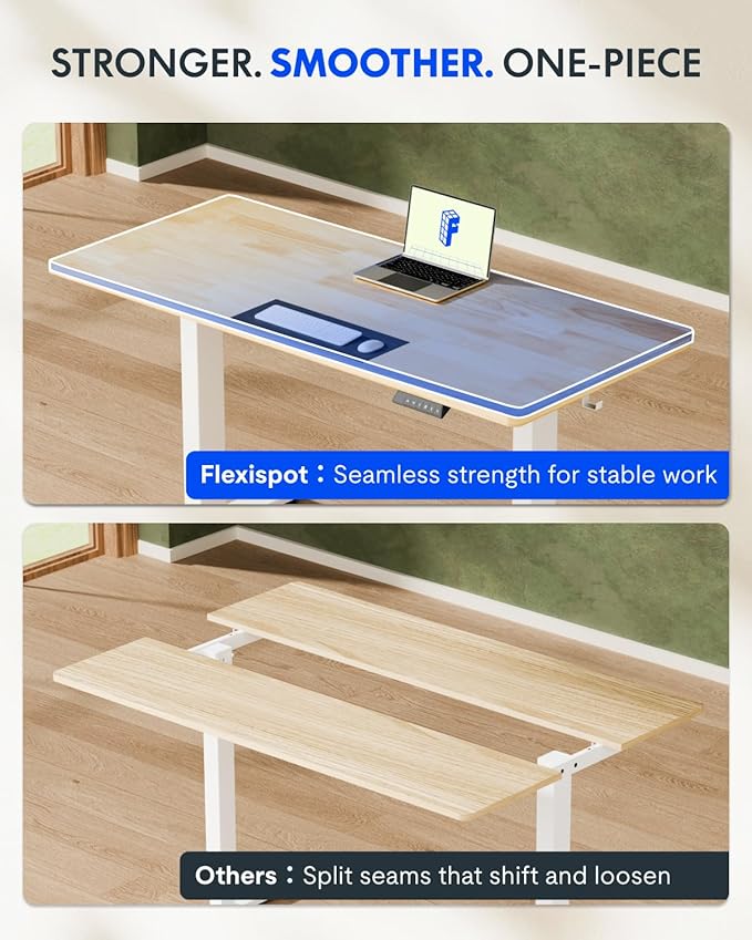FLEXISPOT EN1 One-Piece Solid Wooden Standing Desk 63 x 24 Inches Height Adjustable Electric Sit Stand Home Office Desks (Black Frame + Rubber Wood Top, 2 Packages)