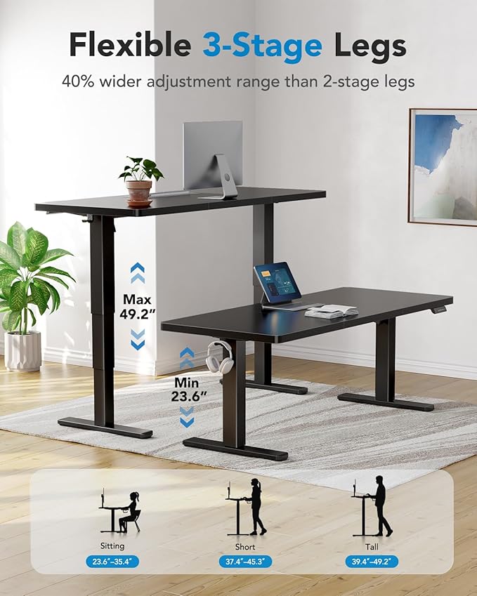 HUANUO 71x35 Inch 3-Stage Legs Electric Standing Desk, Large Height Adjustable Office Desk with Brushless Motor, Stand Up Desk with 4 Memory Presets & 2 Hooks, Computer Desk for Home Office, Black