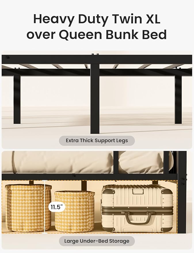 Twin XL Over Queen Bunk Bed for Adults, Heavy Duty Metal Bunk Beds with Safety Guardrails & EVA Padded Ladder, Twin XL Over Queen Bunk Beds Frame with Noise-Free Slats, Space-Saving(Black)