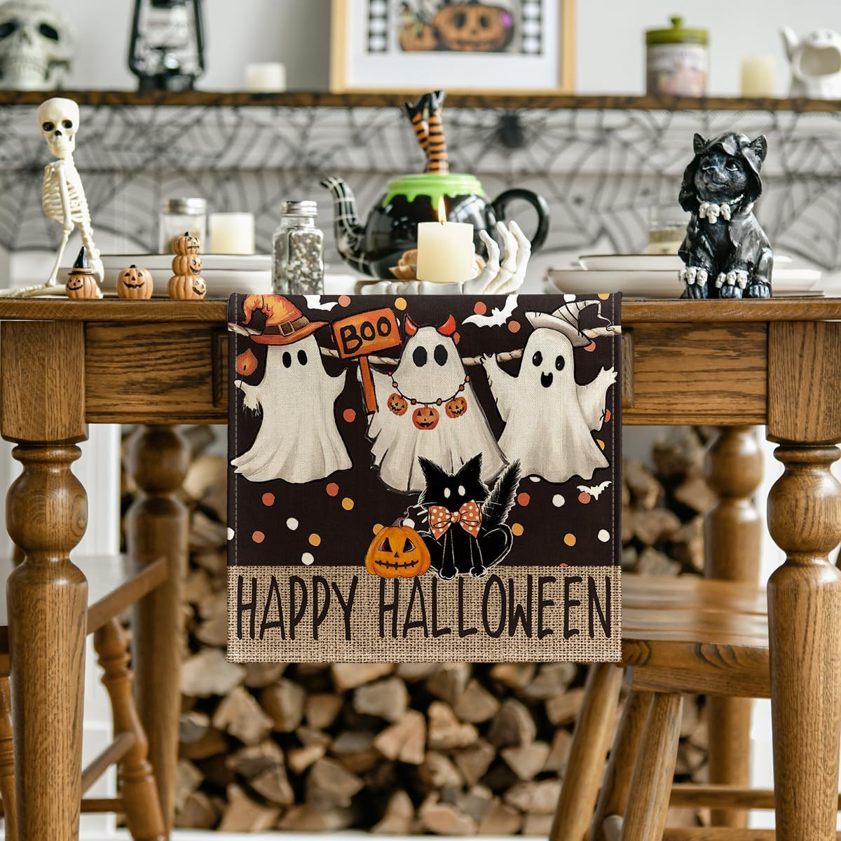 Artoid Mode Ghost Jack-O'-Lantern Black Cat Halloween Table Runner,Holiday Kitchen Dining Table Decoration for Home Party Decor 13 x 36 Inch