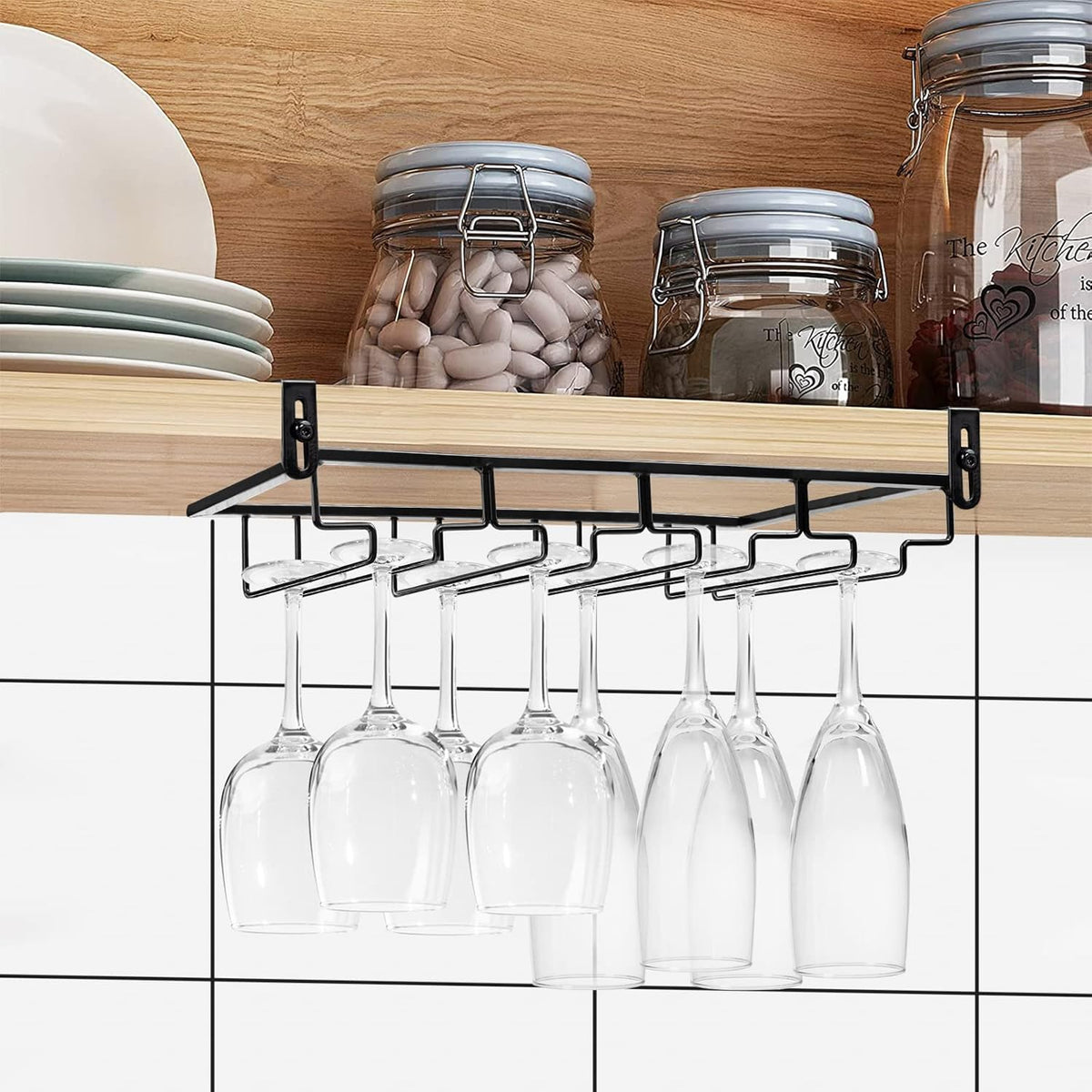 AUHOKY 2Pcs Adjustable Under Cabinet Stemware Metal Glass Holder, Hanging Wine Glass Storage Hanger Organizer for Shelf Kitchen Bar Decor(4 Rows, Black)