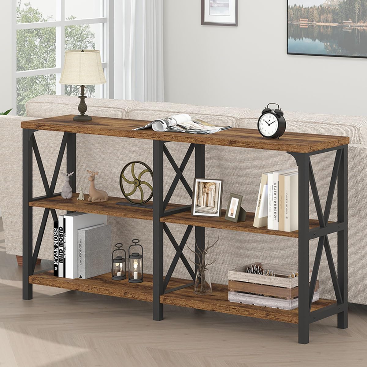 LVB Wood Console Table, Rustic 3 Tier Sofa Table Behind Couch, Industrial Metal Entryway Table with Storage Shelf, Farmhouse Wooden Foyer Hallway Table for Entry Living Room, Rustic Brown, 55 Inch