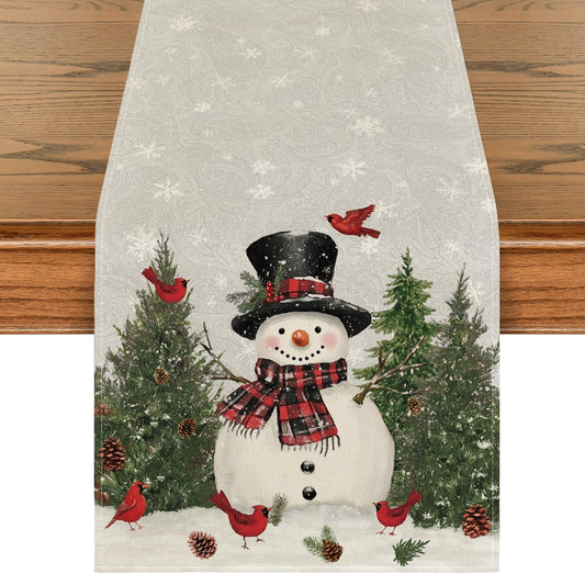 Artoid Mode Snowman Birds Trees Christmas Table Runner, Seasonal Silver Winter Holiday Kitchen Dining Table Decoration for Home Party Decor 13 x 72 Inch