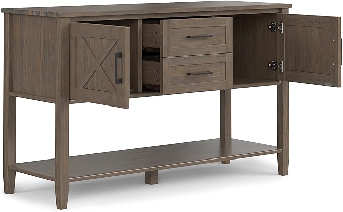 SIMPLIHOME Ela Console Table - 48 Inch Wide Solid Wood Sofa Table in Smoky Brown, Transitional Storage for Entryway or Living Room with 2 Drawers, 2 Cabinets, Open Shelf, and X-Panel Doors