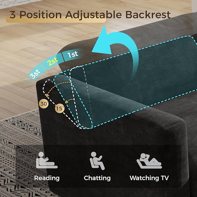KKL Modular Sectional Sofa Couches for Living Room, 113" Sofa Couch with Adjustable Backrest, Chenille 3 Seater Sofa Couch with Comfy Cushion, Chenille, Black