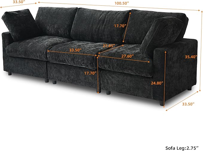 WJShome Modern Sectional Couches for Living Room,100 Inch 3-Seater Chenille Deep Seat Modular Sofa, Cloud Couch for Bedroom and Apartment，Black