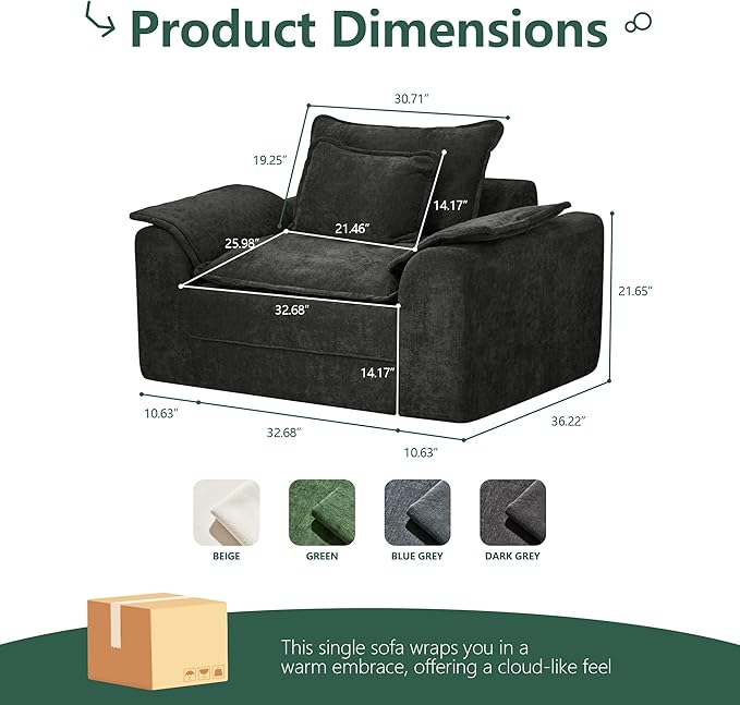 Hobestluk Cloud Single Sofa Memory Foam Couch with Deep Seat L Shaped Sofa with Removable Cover Large Couch for Living Room (Dark Grey, Single Sofa)