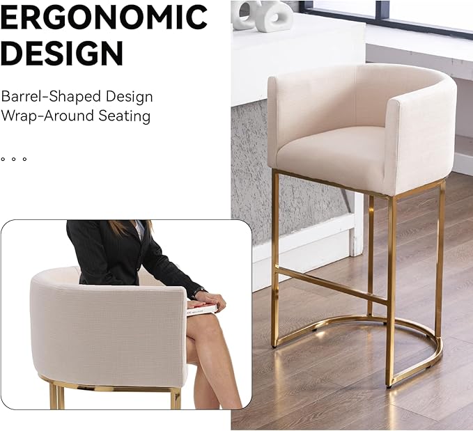 Contemporary Cream Linen Bar Stool, 32" Upholstered Fabric Counter Height Barstool Kitchen Counter Island Stool with Golden Metal Base