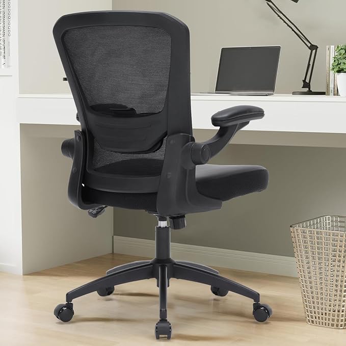 Office Chair Ergonomic, 350lbs Desk Chair Comfy with PU Leather Seat Cushion, Mesh Swivel Computer Chair with Flip-up Armrests Lumbar Support and Height Adjustable for Home Office