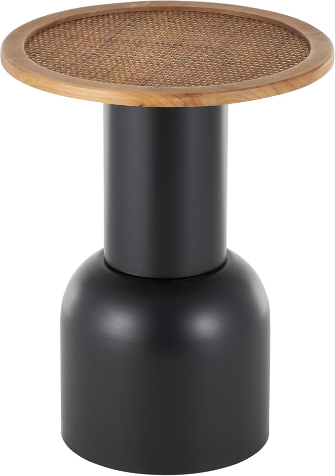 Deco 79 Metal Handmade Side End Accent Table Pedestal End Table with Brown Rattan Tabletop, Side Table 16" x 16" x 20", Black