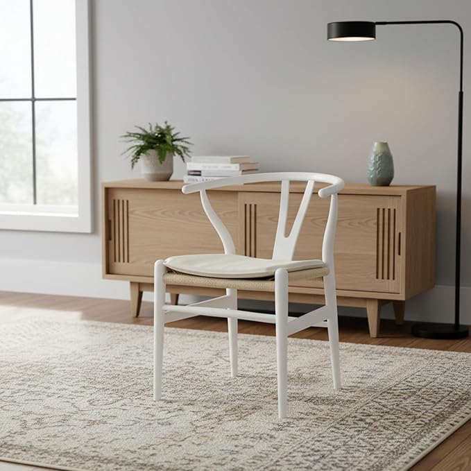 Tomile Wishbone Dining Chair with Arms, A Clean White PU Cushion Included on Handwoven Seat, Modern Mid-Century Y-Chair Crafted from White Ash Wood, Ideal for Dining Room Chairs Set (Ash Wood - White)