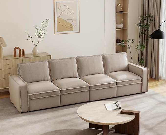 EALSON 119" Modular Sectional Sofa Modern Comfy 4-Seater Couch Sofa Linen Fabric Upholstered Cloud Couches with 24" Deep Seat and Wooden Legs for Bedroom/Living Room/Office, Oatmeal