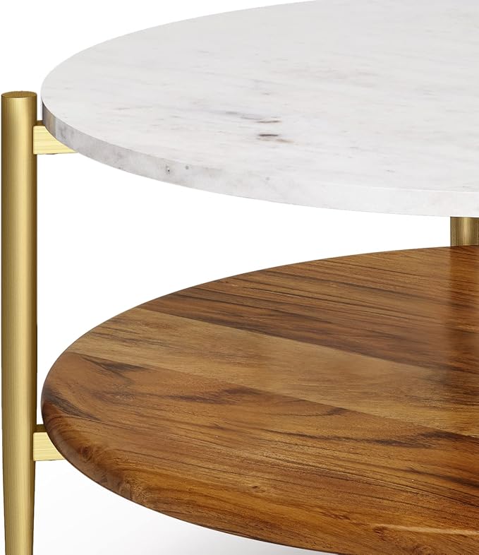 SIMPLIHOME Wagner Coffee Table - 30 inch Wide Solid Acacia Wood and Genuine Marble Round Living Room Table in White and Natural, Mid-Century Modern Table for Family Room with Gold Metal Base and Legs