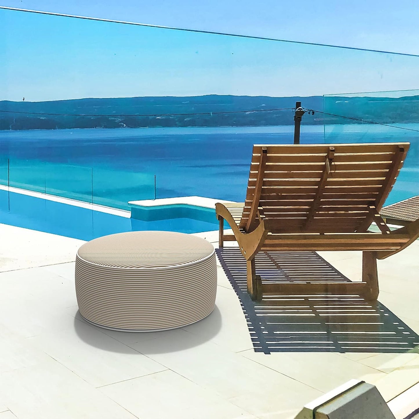 LVTXIII Inflatable Stool Ottoman Footrest with Handle, All Weather Foot Rest, Indoor or Outdoor Use for Home Patio Garden and Camping, D21 x H9, Stripe Beige