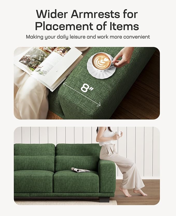 Marsail Modern 65 Inch Linen Fabric Sofa, 2-Seater Couch with Wide Armrests, Deep Cushions & Removable Washable Covers, Comfortable Living Room Furniture, Green