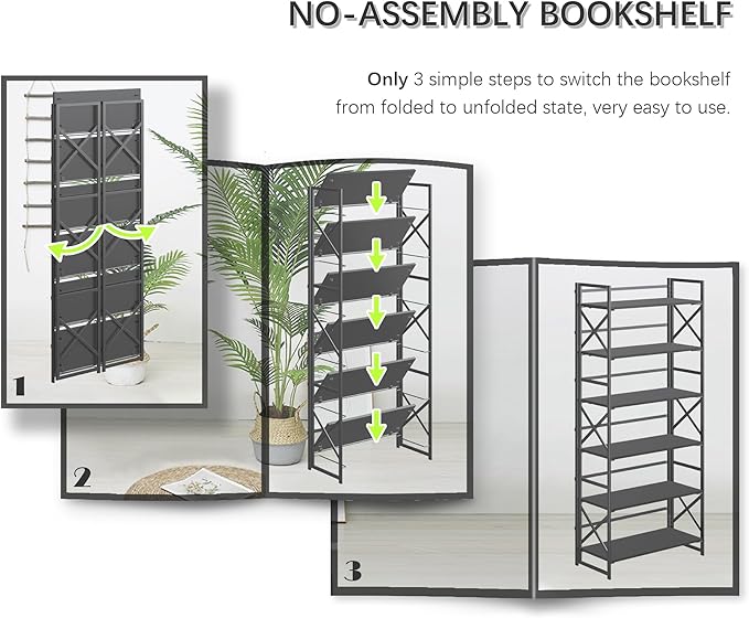 4NM 6 Tiers No Assembly Book Shelves, 61.8" H Folding Bookshelf Bookcase Open Industrial Foldable Shelves for Bedroom, Living Room, Home Office - All Black