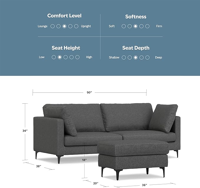 SIMPLIHOME Ava Sofa and Ottoman in 100% Recycled Polyester Performance Fabric, Pebble Grey, 90-inch-Wide 3-Seater Couch and Matching 36-inch-Wide Table Ottoman for Living Room, 2-Piece Set