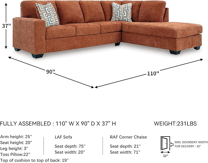 Signature Design by Ashley Aviemore Casual L-Shaped 2-Piece Sectional with Chaise for Living Room, Orange