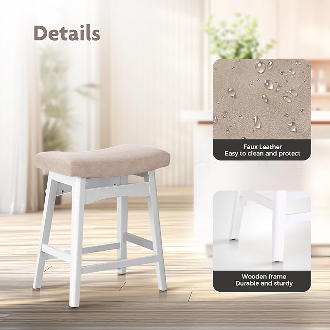 ALPHA HOME Bar Stools Set of 3, Solid Wood Saddle Kitchen Stools with Grey PU Leather Cushion Counter Height Barstools with Wooden Base for Kitchen Dining Cafe, 24 Inch, 3PCS