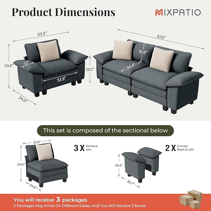 L-Shaped Cloud Modular Sofa Set with Chaise, Deep Seat 3-Piece Sectional & Removable Arms, Plush Chenille for Living Room - Cyan