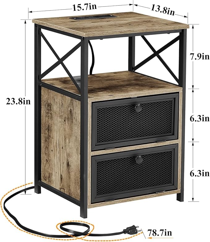 VECELO Dust Grey End Table with USB Ports and Outlets,24 Inch Nightstands with Charging Station and Storage Shelf for Bedroom,Living Room, 1 Set