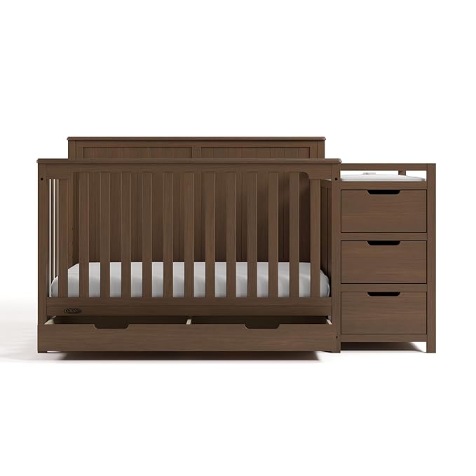 Graco Hadley 5-in-1 Convertible Crib & Changer (Hazelnut) – GREENGUARD Gold Certified, Fits Standard Crib Mattress, Converts to Toddler Bed and Full Bed, 4 Adjustable Mattress Heights